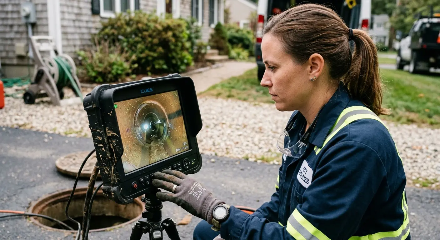 Technician reviewing sewer camera inspection footage in Key Largo