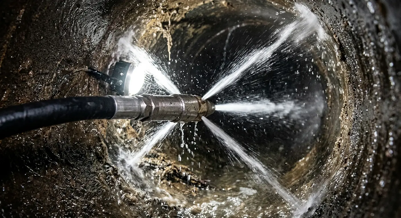 High-pressure hydro jetting nozzle cleaning sewer pipe for Sewer Cleanout in Key Largo