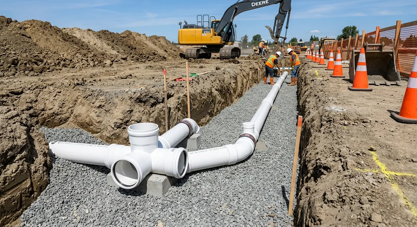 New PVC sewer pipe installation in open trench for Commercial Drain Cleaning in Key Largo