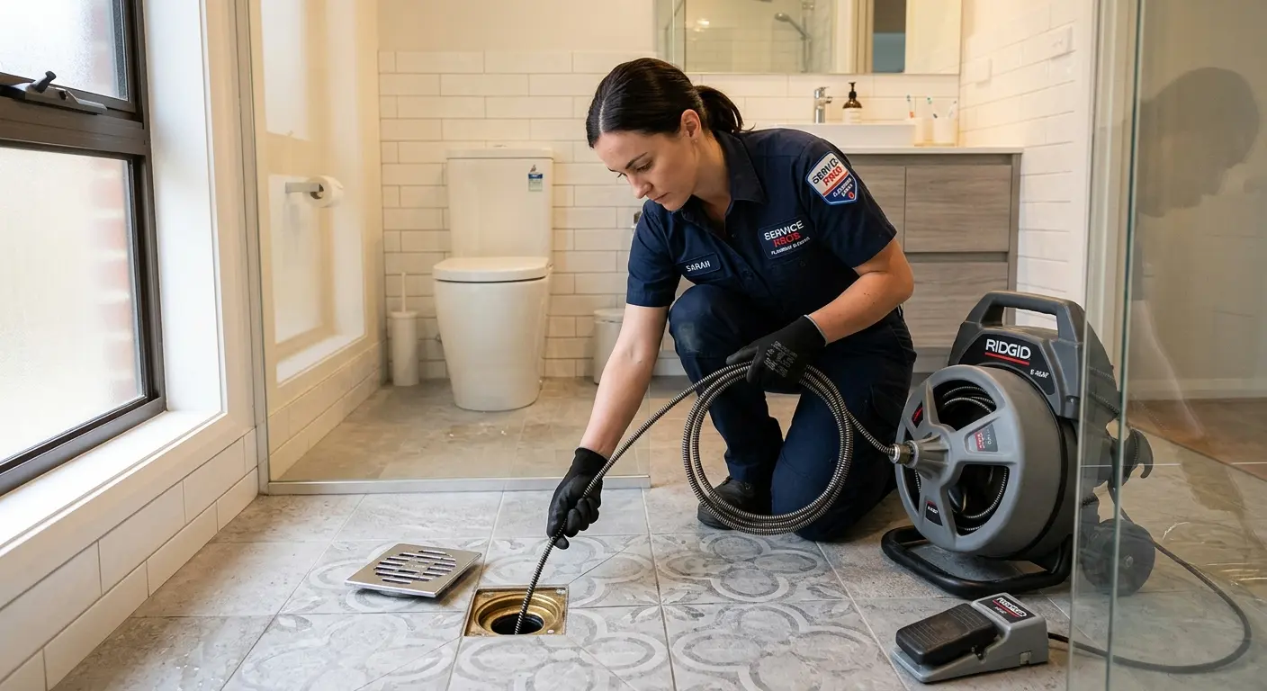 Technician clearing a bathroom floor drain for Drain Cleaning in Key Largo
